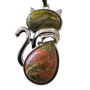 Cat Pendant Necklace Unakite Jasper Stone Silver Tone Boho Artisan Cord Witchy